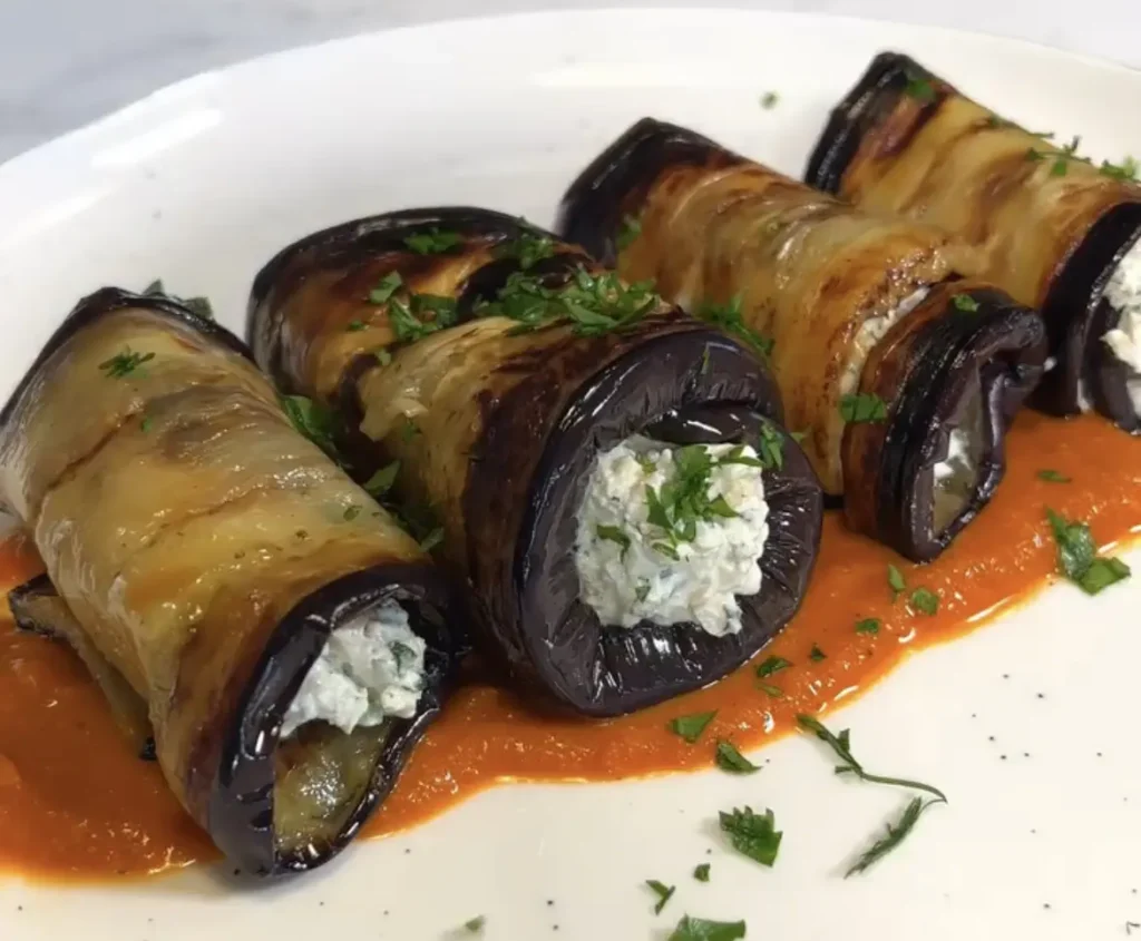Eggplant Rolls with Creamy Filling and Tomato Sauce